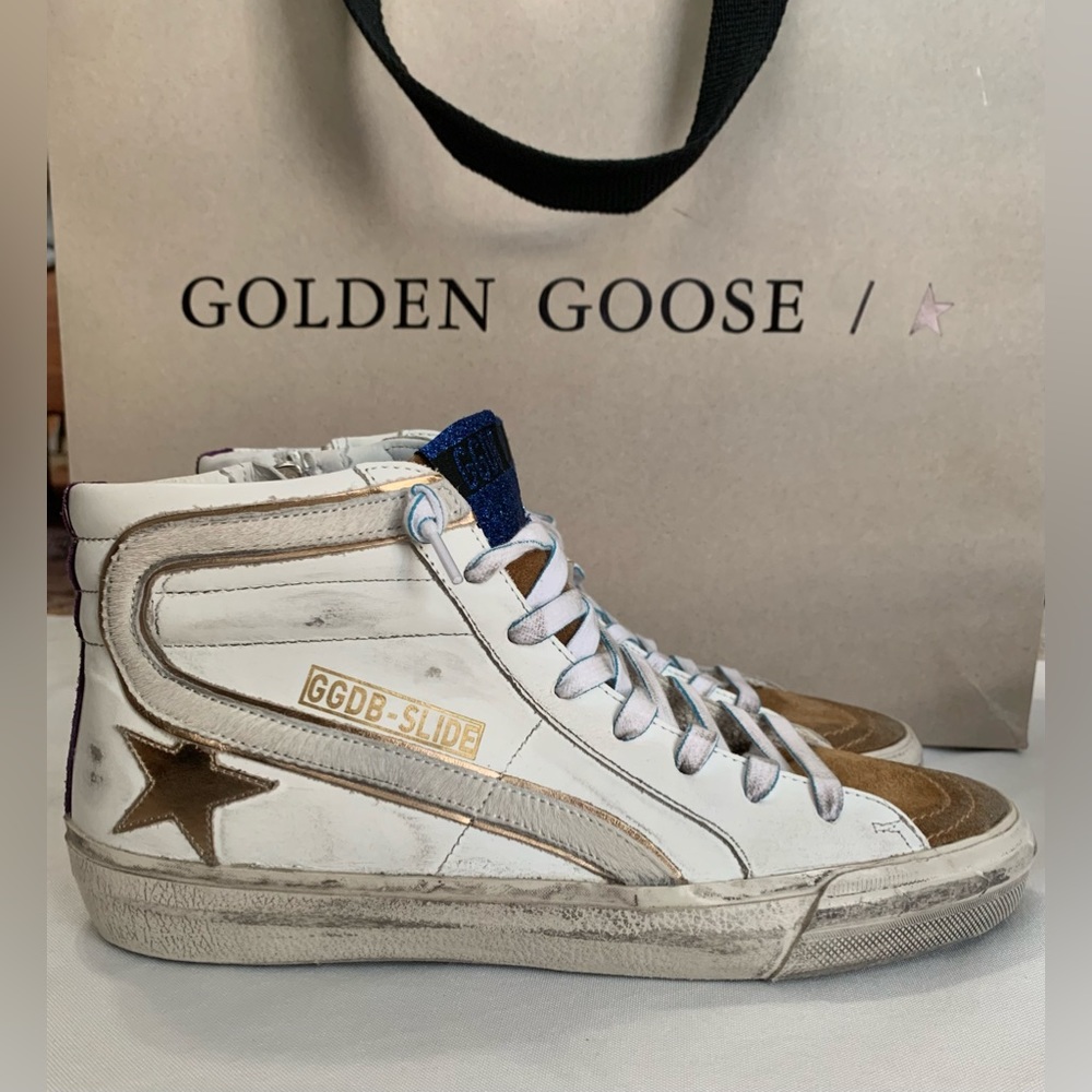 NWG Golden Goose Slide sz 39 (women 8.5-9) White, brown suede tongue, gold star